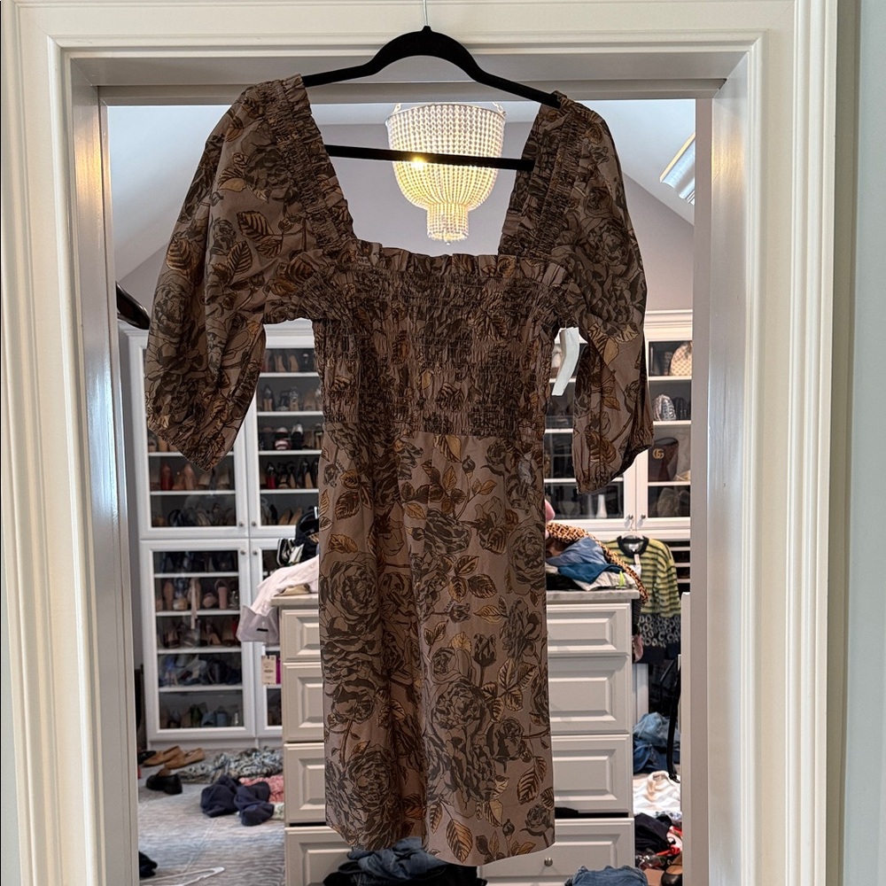 Ganni Long Sleeve Floral Dress in Brown